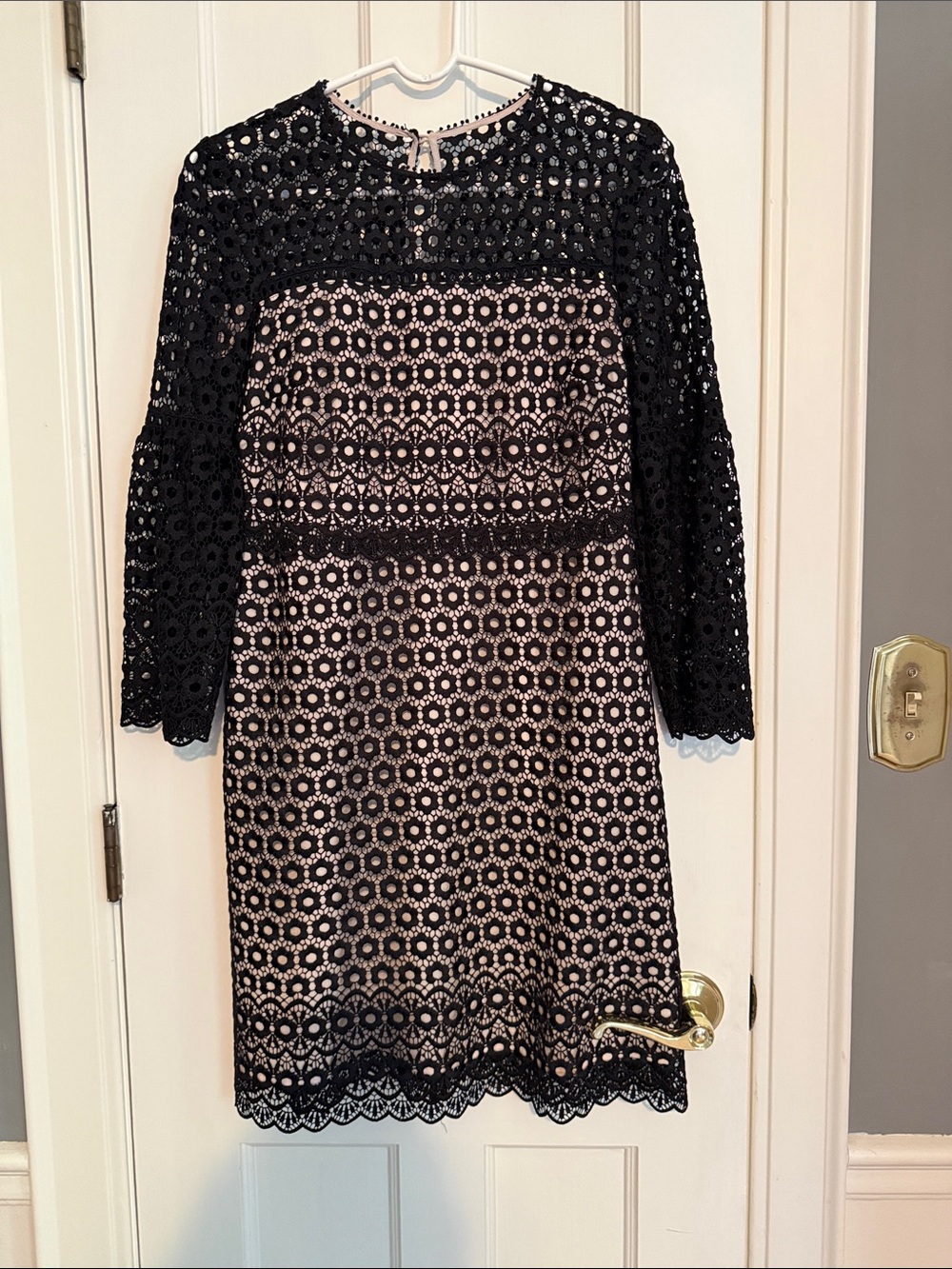 J Crew Black Lace Overlay Sheath Dress with Nude Lining